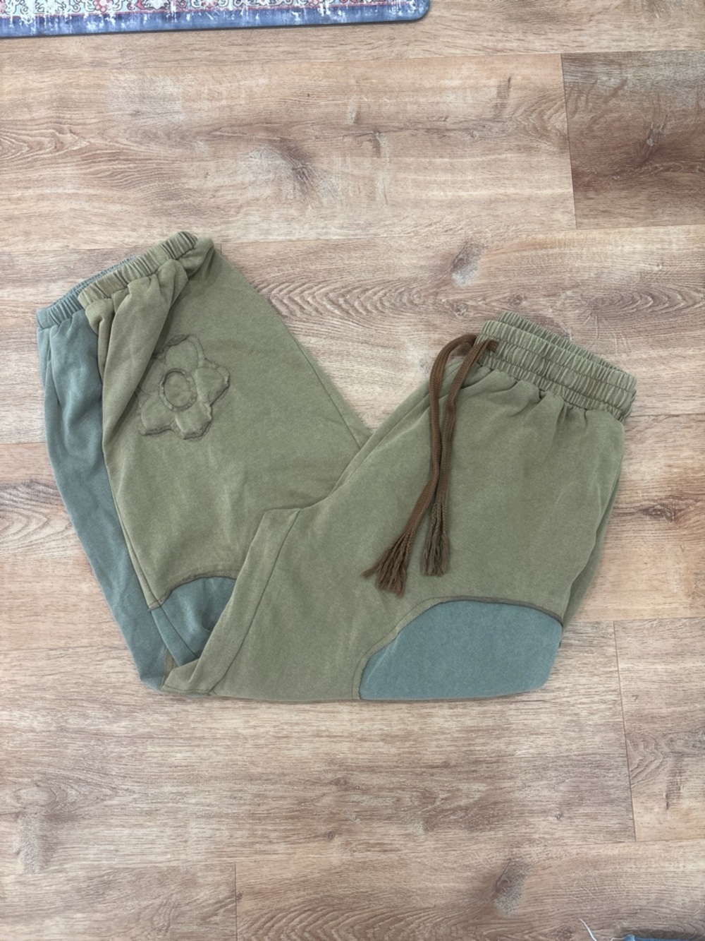 Women’s Boho Olive Green Cozy Jogger Bottoms with Patch Detail